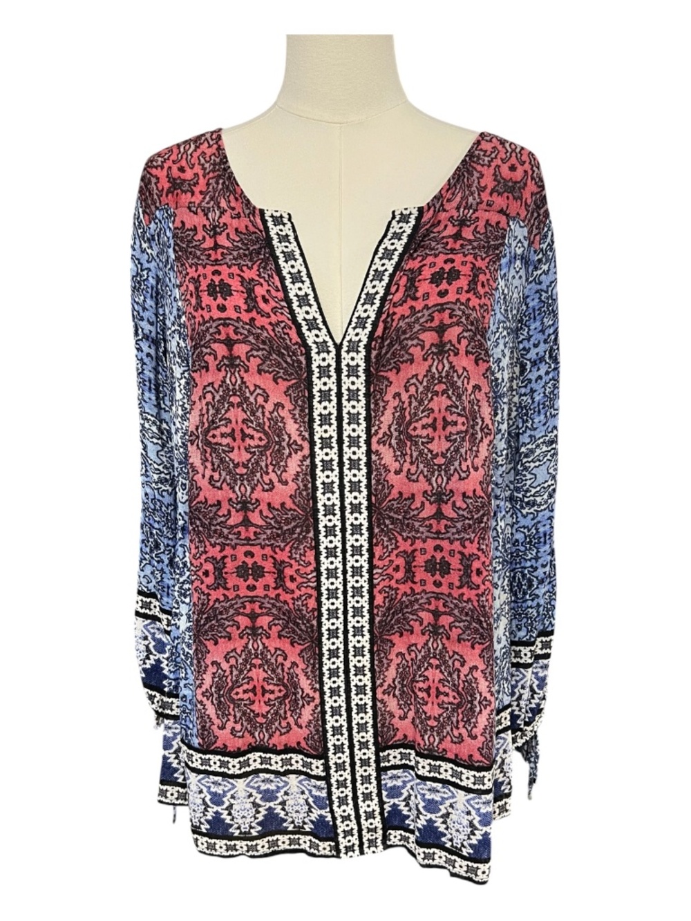EUC Lucky Brand Patchwork Paisley Peasant Blouse Geometric Trim | Size 1X